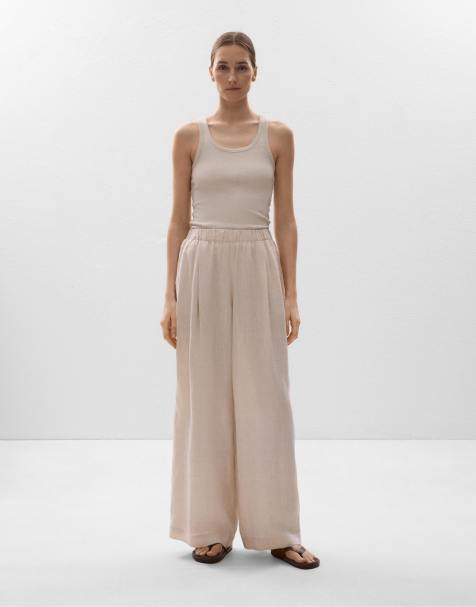 OYSHO 100% linen wide-leg trousers in sand melange - view 1