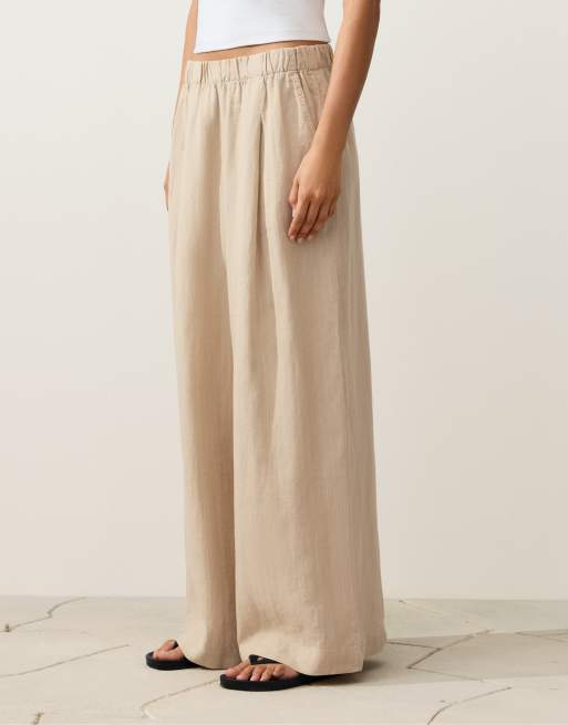 OYSHO 100% linen wide leg trousers in sandy, 2 of 4
