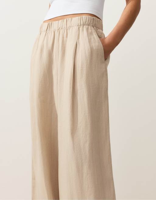 OYSHO 100% linen wide leg trousers in sandy, 3 of 4