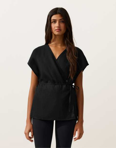 OYSHO 100% linen wrap tie shirt in black - view 1