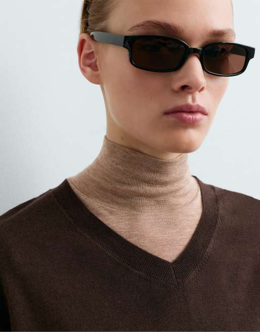 OYSHO 100% wool v-neck knit jumper in brown, 3 of 4