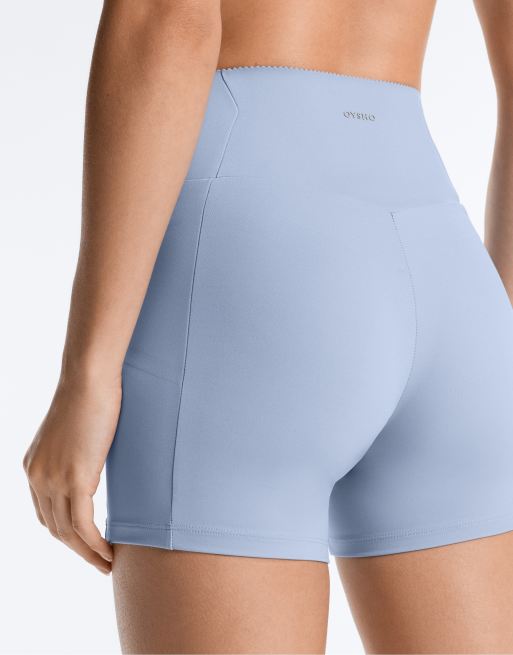 OYSHO 10cm compressive pocket high rise hot pants in blue, 3 of 7