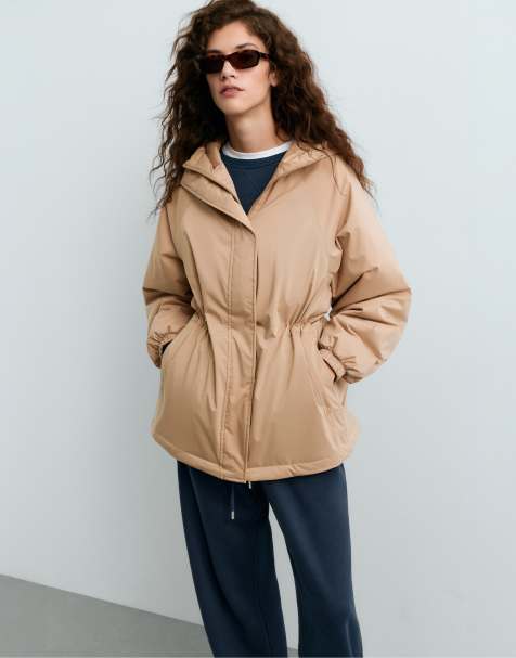 OYSHO 10k thindown® waterproof flared padded jacket in camel - view 1