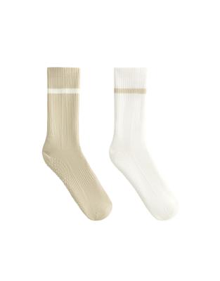 Oysho - 2 Paar klassische Yoga- und Pilates-Socken aus Baumwollmix in Gelb und Grün