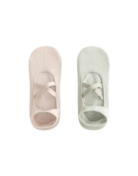 Oysho 2 pairs of cotton blend yoga and pilates socks with crossover straps in pale aqua green - view 1