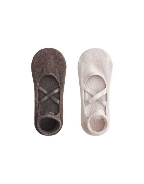 Oysho 2 pairs of cotton blend yoga and pilates socks with crossover straps in sand - view 1