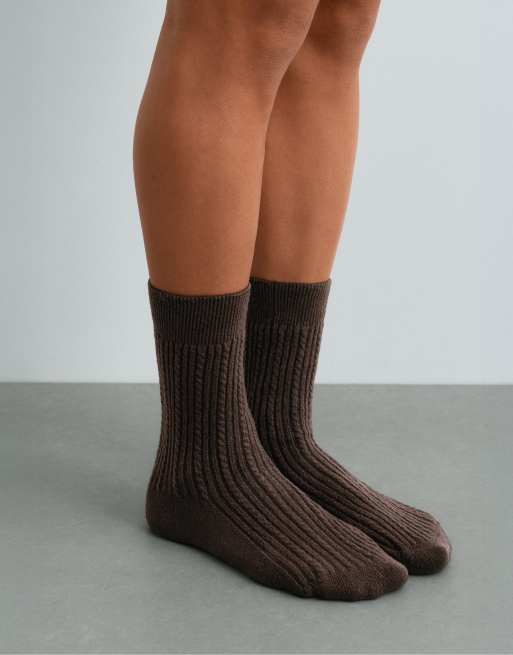 OYSHO 2 pairs of warm super-soft braided socks in brown, 2 of 4