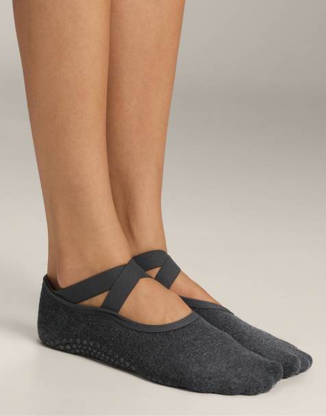 OYSHO 2 pairs of yoga and pilates cotton blend socks with crossed straps and cushioning in dark grey - view 1