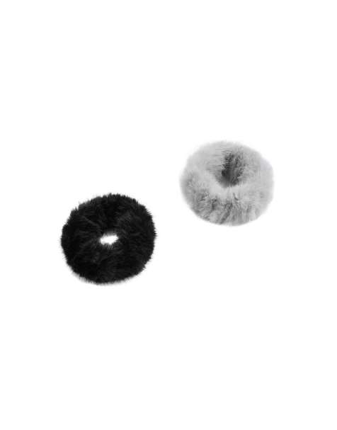 OYSHO 2 running faux-fur-effect scrunchies in black and grey - view 1