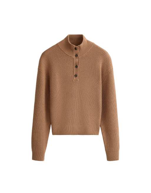 OYSHO 20% wool buttoned jumper in camel, 5 of 5