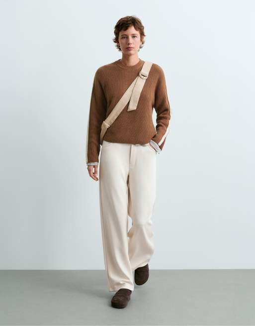 OYSHO 20% wool knit jumper piping in brown, 2 of 5