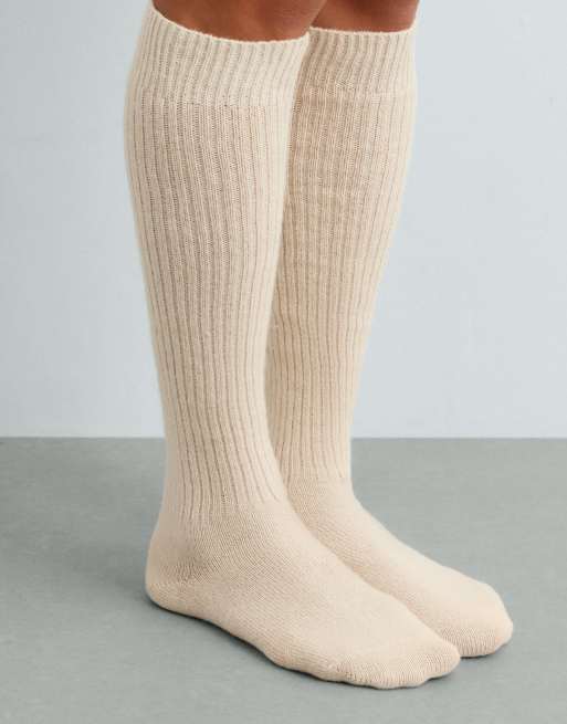 OYSHO 22% 10% wool long socks in ecru, 3 of 4