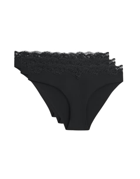 OYSHO 3 laser-cut polyamide blend v-cut lace bikini briefs in black - view 1