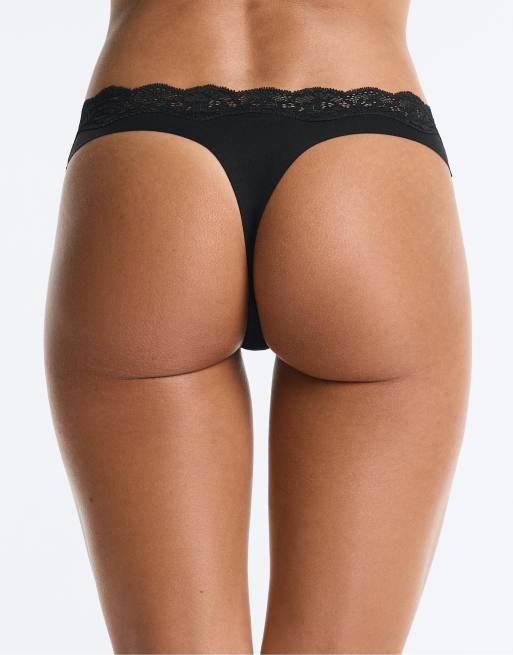 OYSHO 3 laser-cut v-cut lace polyamide blend thongs in black, 4 of 7