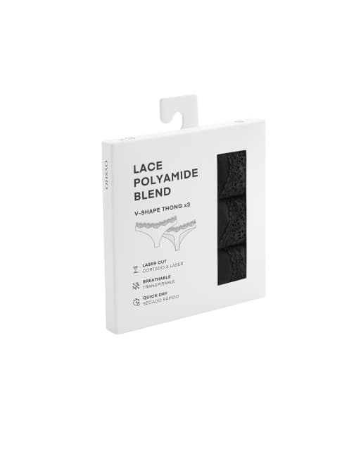 OYSHO 3 lasergeschnittene Slips mit V-Ausschnitt aus Spitzen-Polyamidmix in Schwarz, 7 von 7