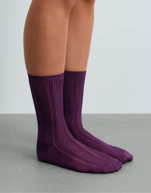 OYSHO 3 Paar klassische Socken mit Lochmuster aus Viskosemix in dunklem Pflaumenton, 2 von 4