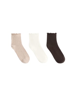 OYSHO - 3 Paar kurze Socken aus Baumwollmix in Braun mit gekräuselter Kante-Brown