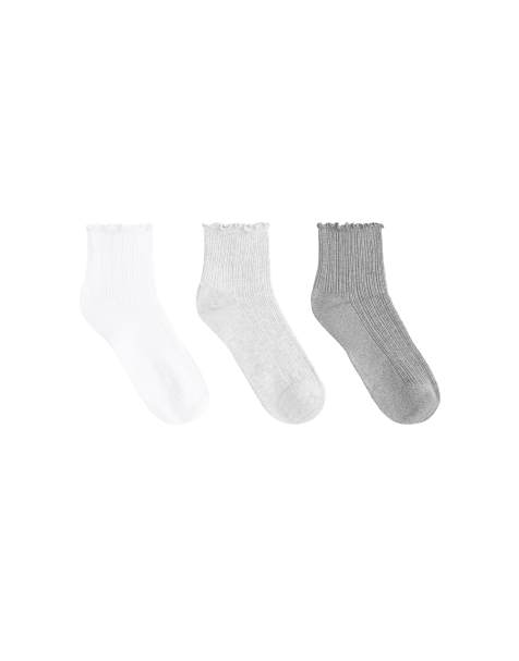 OYSHO – 3 Paar kurze Socken aus Baumwollmix in Grau meliert mit gekräuseltem Rand - view 1