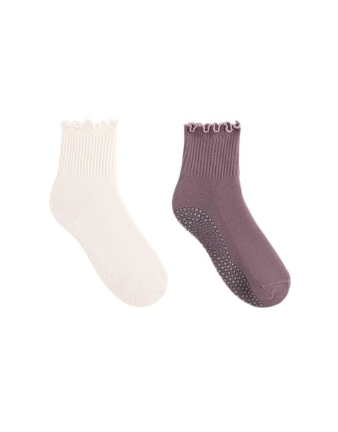 OYSHO – 3 Paar kurze Yoga- und Pilates-Socken aus Baumwollmix in Grau-Lila mit Rüschen - view 1