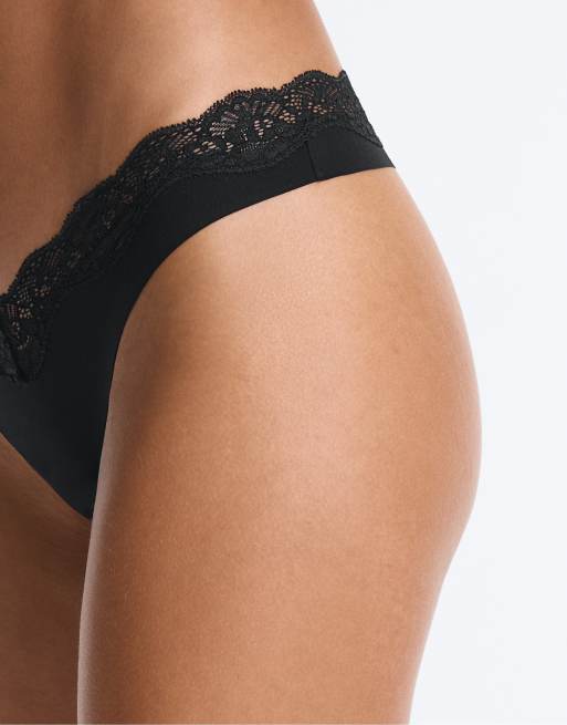 OYSHO 3 perizomi in misto poliammide con taglio laser, scollo a V e pizzo neri, 5 di 7
