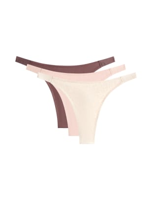 OYSHO - 3 Tangas aus Baumwollmix in meliertem Mittel-Steinbeige mit Logo-Grau