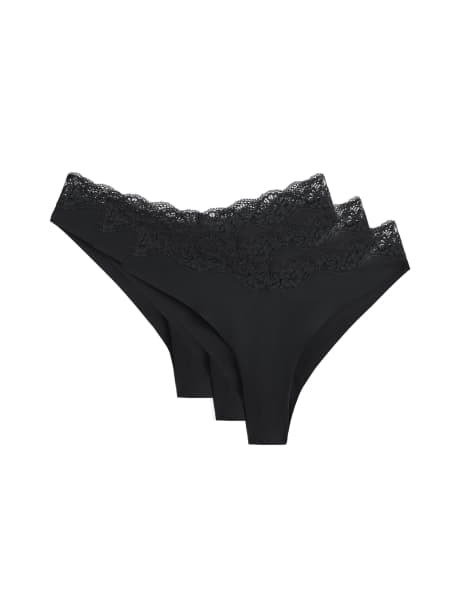 OYSHO 3 v-cut lace laser-cut polyamide brazilian briefs in black - view 1