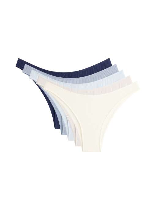 OYSHO - 5 slip brasiliana in cotone blu a coste con taglio a U