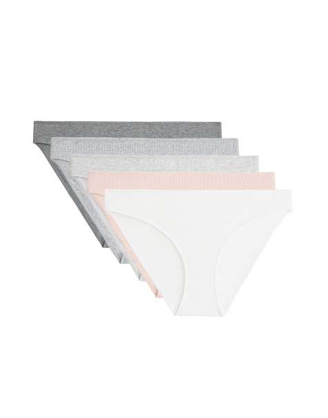 Oysho – 5er-Pack klassische, gerippte Baumwoll-Slips in meliertem Grau - view 1