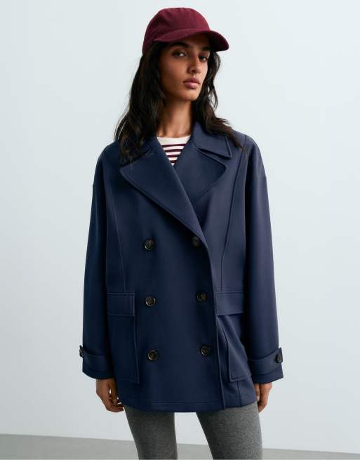 OYSHO 6-button long piqué cotton jacket in navy, 2 of 4