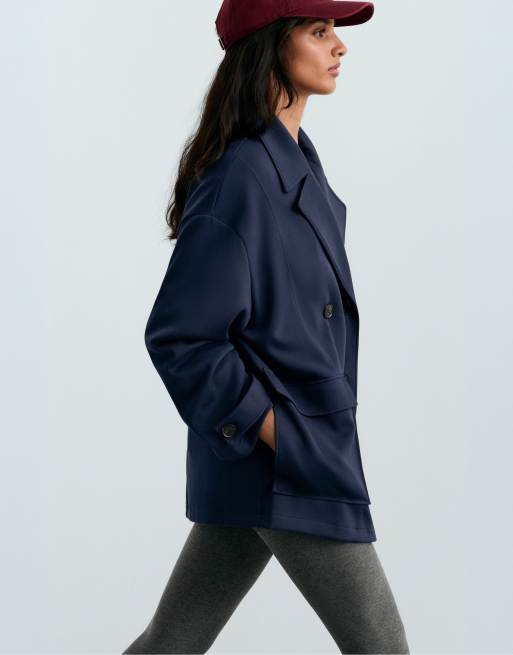 OYSHO 6-button long piqué cotton jacket in navy, 3 of 4