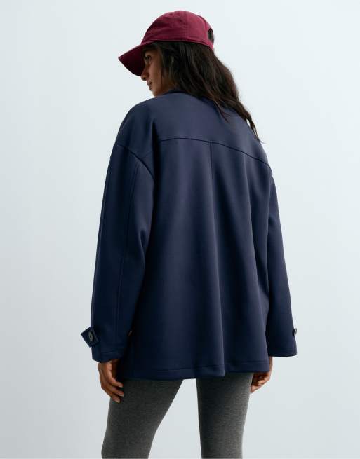 OYSHO 6-button long piqué cotton jacket in navy, 4 of 4