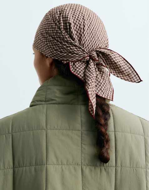 OYSHO 94% cotton check scarf in tan - view 1