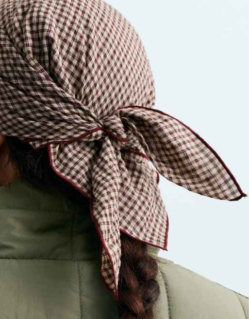 OYSHO 94% cotton check scarf in tan, 2 of 4