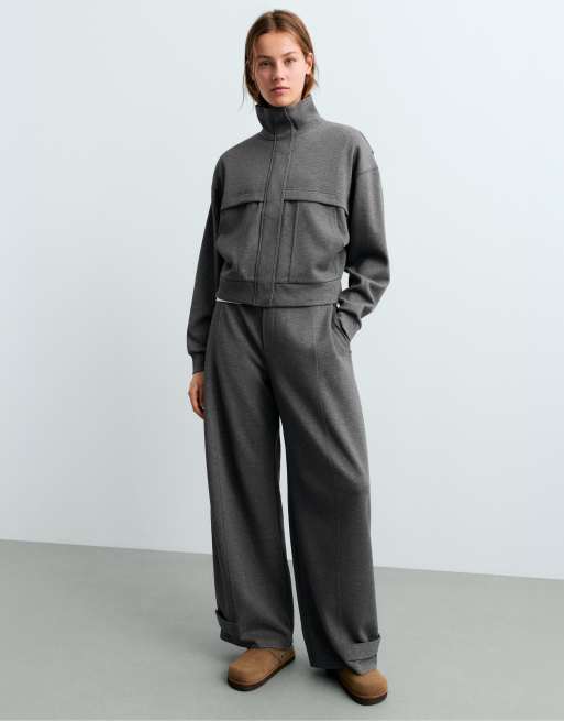 OYSHO Adjustable barrel trousers in piqué cotton in grey, 5 of 5