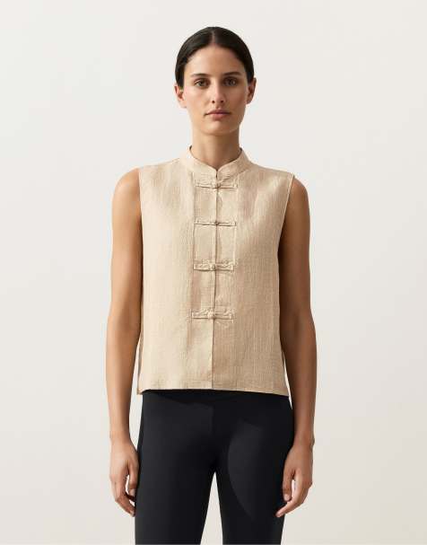 OYSHO – Ärmellose Hemdbluse 100% Leinen in Sandbeige mit Stehkragen und Knöpfen - view 1