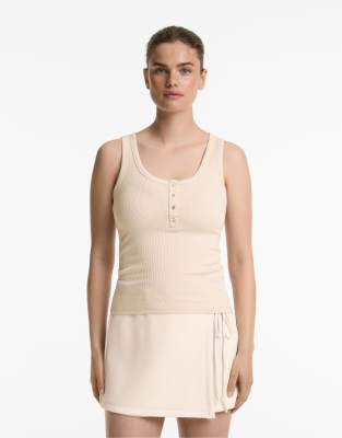 Oysho - Ärmelloses Oberteil aus Baumwoll-Modal-Mix in Nerzbeige mit Knopfleiste-Braun