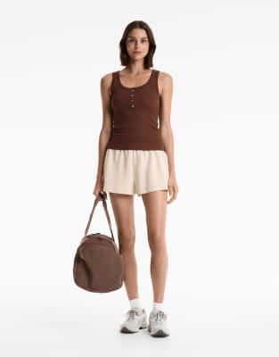 Oysho - Ärmelloses Oberteil aus Baumwoll-Modal-Mix in Schokobraun mit Knopfleiste
