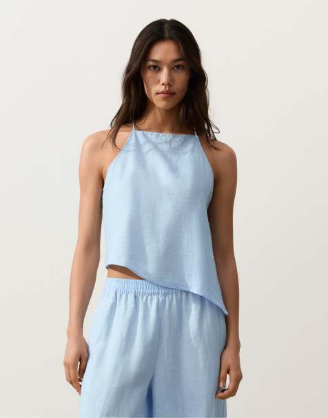 OYSHO Asymmetric 100% linen sleeveless top in blue