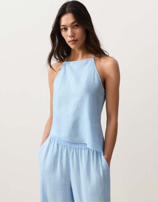 OYSHO Asymmetric 100% linen sleeveless top in blue, 3 of 4
