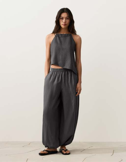 OYSHO Asymmetric 100% linen sleeveless top in grey, 2 of 4
