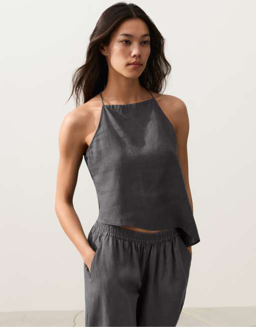 OYSHO Asymmetric 100% linen sleeveless top in grey, 3 of 4