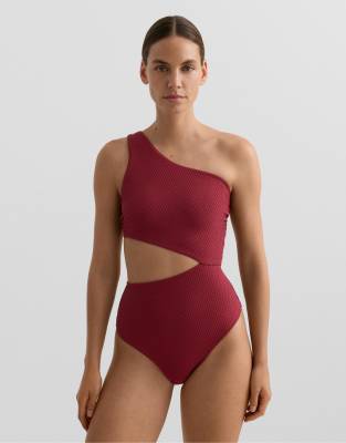 OYSHO - Asymmetrischer Jacquard-Trikini in Burgunderrot mit kleinem Karo-Muster-Lila