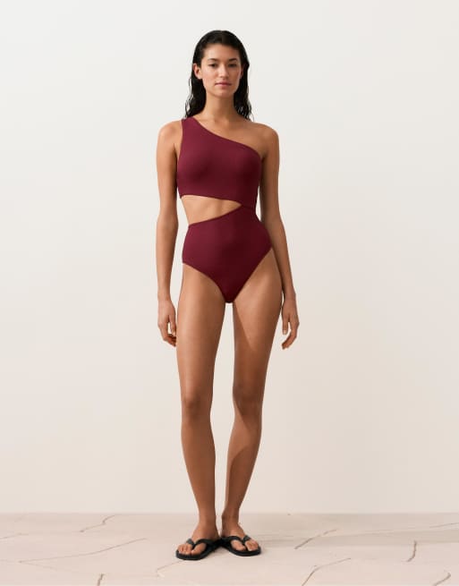 OYSHO – Asymmetrischer Trikini in Lila mit kleinem Jacquard-Karomuster, 2 von 4