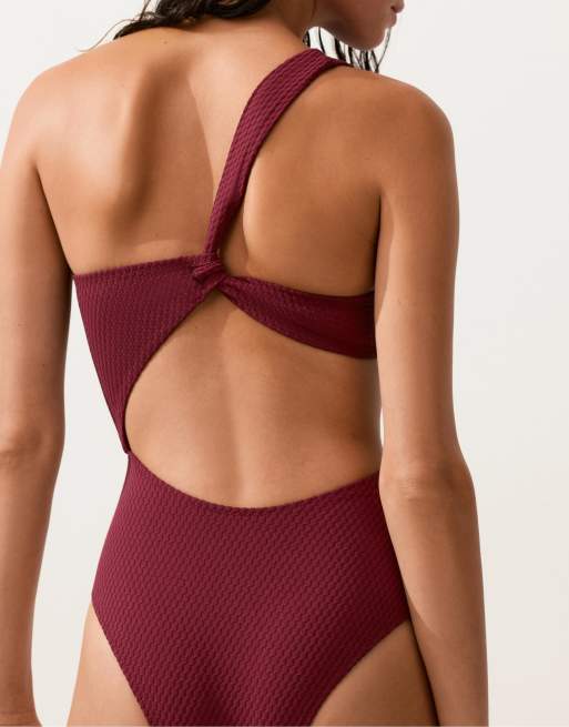 OYSHO – Asymmetrischer Trikini in Lila mit kleinem Jacquard-Karomuster, 3 von 4