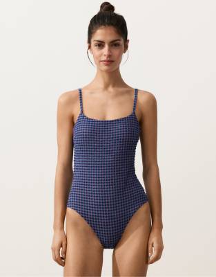 OYSHO - Badeanzug in Marineblau mit Vichy-Karo