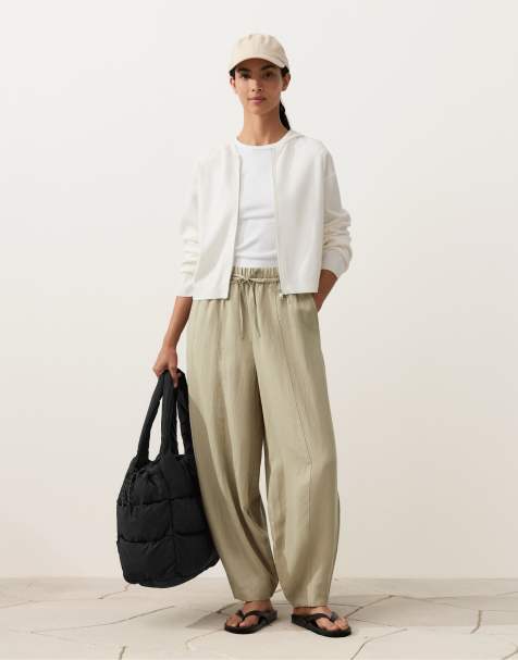 OYSHO Balloon trousers lyocell blend and 24% linen with seams in beige