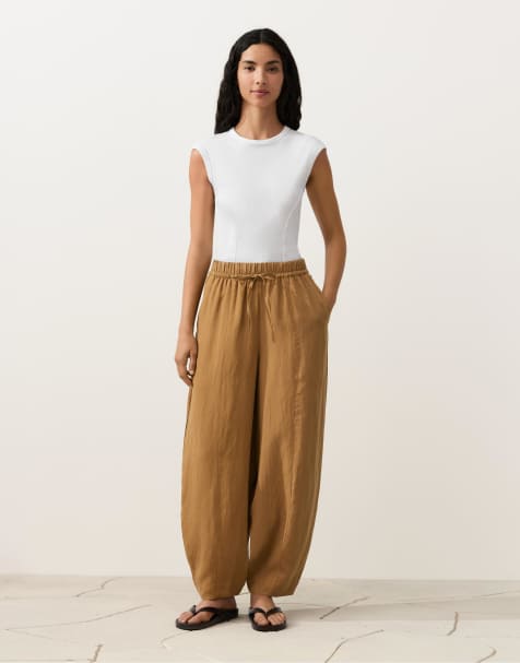 OYSHO Balloon trousers lyocell blend and 24% linen with seams in brown
