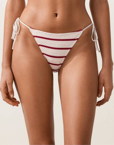 OYSHO - Bas de bikini à rayures moyennement échancré en maille au crochet - Rouge et blanc - view 1
