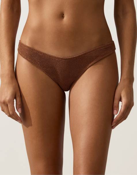 Oysho - Bas de bikini brésilien effet froissé avec découpe en U - Marron - view 1