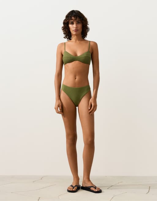 Oysho - Bas de bikini classique en tissu côtelé - Kaki clair, 2 de 4